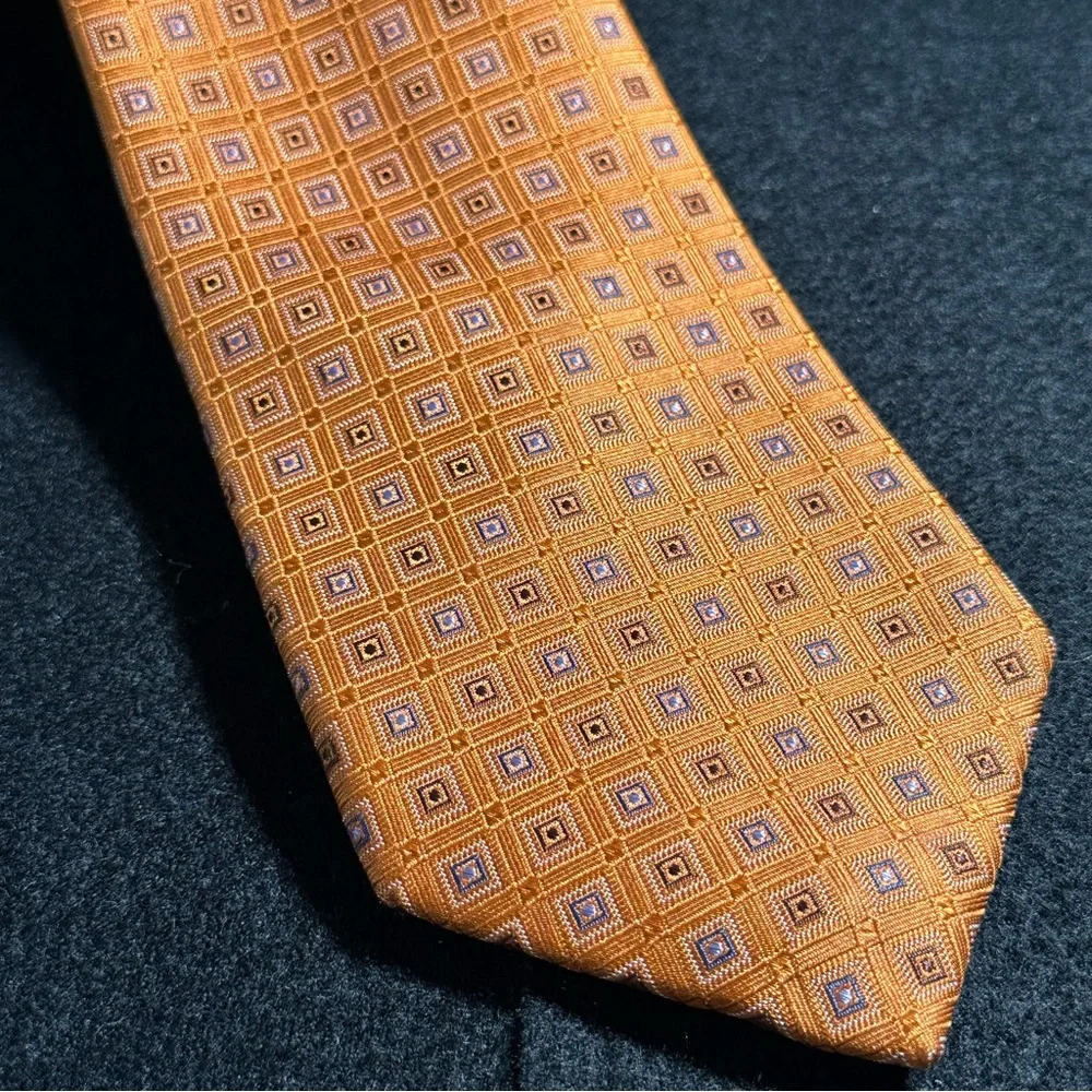 Black Brown 1826 Tie – Rich Pumpkin with Light Blue Squares- 100% Silk